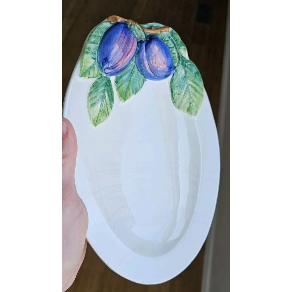 Vintage Italian Pottery Platter Decorato a Mano Italy Hand Painted Blue Plum